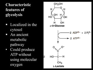 Characteristic
features of
glycolysis
 Localized in the
cytosol
 An ancient
metabolic
pathway
• Could produce
ATP without
using molecular
oxygen
 