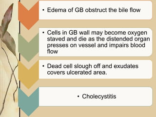 • Edema of GB obstruct the bile flow
• Cells in GB wall may become oxygen
staved and die as the distended organ
presses on vessel and impairs blood
flow
• Dead cell slough off and exudates
covers ulcerated area.
• Cholecystitis
 