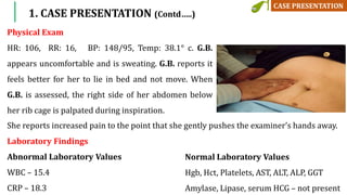 1. CASE PRESENTATION (Contd…..)
Physical Exam
HR: 106, RR: 16, BP: 148/95, Temp: 38.1° c. G.B.
appears uncomfortable and is sweating. G.B. reports it
feels better for her to lie in bed and not move. When
G.B. is assessed, the right side of her abdomen below
her rib cage is palpated during inspiration.
She reports increased pain to the point that she gently pushes the examiner’s hands away.
Laboratory Findings
Abnormal Laboratory Values
WBC – 15.4
CRP – 18.3
Normal Laboratory Values
Hgb, Hct, Platelets, AST, ALT, ALP, GGT
Amylase, Lipase, serum HCG – not present
 