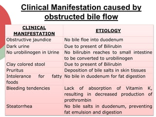 Clinical Manifestation caused by
obstructed bile flow
CLINICAL
MANIFESTATION
ETIOLOGY
Obstructive jaundice No bile floe into duodenum
Dark urine Due to present of Bilirubin
No urobilinogen in Urine No bilirubin reaches to small intestine
to be converted to urobilinogen
Clay colored stool Due to present of Bilirubin
Pruritus Deposition of bile salts in skin tissues
Intolerance for fatty
foods
No bile in duodenum for fat digestion
Bleeding tendencies Lack of absorption of Vitamin K,
resulting in decreased production of
prothrombin
Steatorrhea No bile salts in duodenum, preventing
fat emulsion and digestion
 