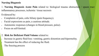Nursing Diagnosis
1. Nursing Diagnosis Acute Pain related to: biological trauma obstruction / spasm tract
inflammatory processes, ischemia / tissue necrosis
Evidenced by:
 Complaints of pain, colic biliary (pain frequency).
 Facial expressions as pain, a cautious attitude.
 Autonomic responses (changes in blood pressure, pulse).
 Focus on self-limited.
2. Risk for Deficient Fluid Volume related to:
 Increase in gastric fluid loss: vomiting, gastric distention and hipermolity.
 Treatment has the effect of reducing the fluid.
 The freezing process
 