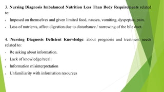 3. Nursing Diagnosis Imbalanced Nutrition Less Than Body Requirements related
to:
 Imposed on themselves and given limited food, nausea, vomiting, dyspepsia, pain.
 Loss of nutrients, affect digestion due to disturbance / narrowing of the bile duct.
4. Nursing Diagnosis Deficient Knowledge: about prognosis and treatment needs
related to:
 Re asking about information.
 Lack of knowledge/recall
 Information misinterpretation
 Unfamiliarity with information resources
 