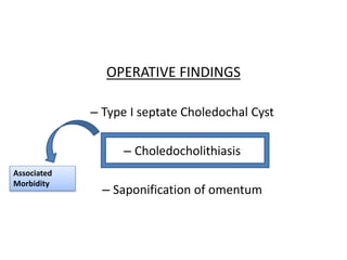 OPERATIVE FINDINGS
– Type I septate Choledochal Cyst
– Choledocholithiasis
– Saponification of omentum
Associated
Morbidity
 