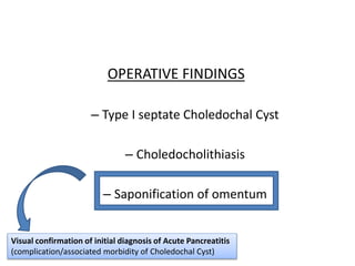 OPERATIVE FINDINGS
– Type I septate Choledochal Cyst
– Choledocholithiasis
– Saponification of omentum
Visual confirmation of initial diagnosis of Acute Pancreatitis
(complication/associated morbidity of Choledochal Cyst)
 