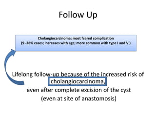 Follow Up
Lifelong follow-up because of the increased risk of
cholangiocarcinoma,
even after complete excision of the cyst
(even at site of anastomosis)
Cholangiocarcinoma: most feared complication
(9 -28% cases; increases with age; more common with type I and V )
 