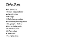 Objectives
Introduction
Biliary tree anatomy
Classification
Etiology
Clinical presentation
Laboratory investigations
Imaging modalities
Prenatal diagnosis
Caroli’s disease
Differentials
Treatment
Complications
 