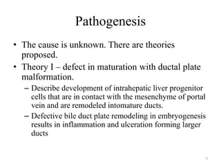 Pathogenesis
• The cause is unknown. There are theories
proposed.
• Theory I – defect in maturation with ductal plate
malformation.
– Describe development of intrahepatic liver progenitor
cells that are in contact with the mesenchyme of portal
vein and are remodeled intomature ducts.
– Defective bile duct plate remodeling in embryogenesis
results in inflammation and ulceration forming larger
ducts
5
 