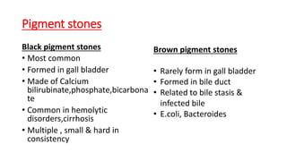 Pigment stones
Black pigment stones
• Most common
• Formed in gall bladder
• Made of Calcium
bilirubinate,phosphate,bicarbona
te
• Common in hemolytic
disorders,cirrhosis
• Multiple , small & hard in
consistency
Brown pigment stones
• Rarely form in gall bladder
• Formed in bile duct
• Related to bile stasis &
infected bile
• E.coli, Bacteroides
 