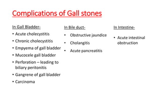 Complications of Gall stones
In Gall Bladder-
• Acute cholecystitis
• Chronic cholecystitis
• Empyema of gall bladder
• Mucocele gall bladder
• Perforation – leading to
biliary peritonitis
• Gangrene of gall bladder
• Carcinoma
In Bile duct-
• Obstructive jaundice
• Cholangitis
• Acute pancreatitis
In Intestine-
• Acute intestinal
obstruction
 