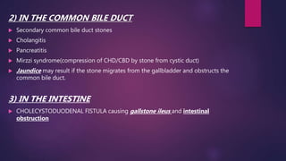 2) IN THE COMMON BILE DUCT
 Secondary common bile duct stones
 Cholangitis
 Pancreatitis
 Mirzzi syndrome(compression of CHD/CBD by stone from cystic duct)
 Jaundice may result if the stone migrates from the gallbladder and obstructs the
common bile duct.
3) IN THE INTESTINE
 CHOLECYSTODUODENAL FISTULA causing gallstone ileus and intestinal
obstruction
 