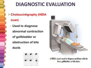 DIAGNOSTIC EVALUATION
Cholescintigraphy (HIDA
scan)
• Used to diagnose
abnormal contraction
of gallbladder or
obstruction of bile
ducts
 