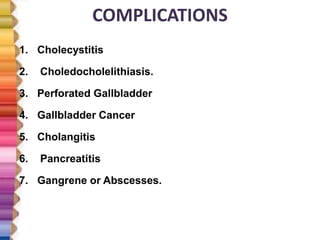 COMPLICATIONS
1. Cholecystitis
2. Choledocholelithiasis.
3. Perforated Gallbladder
4. Gallbladder Cancer
5. Cholangitis
6. Pancreatitis
7. Gangrene or Abscesses.
 