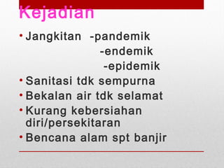 Kejadian
• Jangkitan -pandemik
-endemik
-epidemik
• Sanitasi tdk sempurna
• Bekalan air tdk selamat
• Kurang kebersiahan
diri/persekitaran
• Bencana alam spt banjir
 