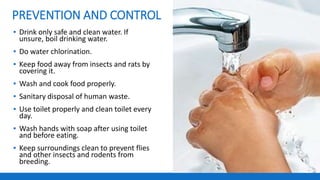 PREVENTION AND CONTROL
▪ Drink only safe and clean water. If
unsure, boil drinking water.
▪ Do water chlorination.
▪ Keep food away from insects and rats by
covering it.
▪ Wash and cook food properly.
▪ Sanitary disposal of human waste.
▪ Use toilet properly and clean toilet every
day.
▪ Wash hands with soap after using toilet
and before eating.
▪ Keep surroundings clean to prevent flies
and other insects and rodents from
breeding.
 