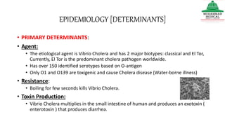 EPIDEMIOLOGY [DETERMINANTS]
• PRIMARY DETERMINANTS:
• Agent:
• The etiological agent is Vibrio Cholera and has 2 major biotypes: classical and El Tor,
Currently, El Tor is the predominant cholera pathogen worldwide.
• Has over 150 identified serotypes based on O-antigen
• Only O1 and O139 are toxigenic and cause Cholera disease (Water-borne illness)
• Resistance:
• Boiling for few seconds kills Vibrio Cholera.
• Toxin Production:
• Vibrio Cholera multiplies in the small intestine of human and produces an exotoxin (
enterotoxin ) that produces diarrhea.
 