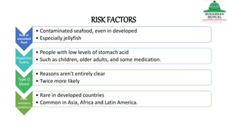 RISK FACTORS
Raw or
uncooked
food
• Contaminated seafood, even in developed
• Especially jellyfish
Hypochlor
hydria
• People with low levels of stomach acid
• Such as children, older adults, and some medication.
Type O
blood
• Reasons aren't entirely clear
• Twice more likely
Poor
sanitary
conditions
• Rare in developed countries
• Common in Asia, Africa and Latin America.
 