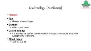 Epidemiology [Distribution]
• PERSON:
• Age:
• Cholera affects all ages.
• Gender:
• Affects both sexes.
• Gastric acidity:
• It is as effective barrier. Conditions that reduces acidity cause increased
susceptibility to cholera.
• Blood types:
• O>> B > A > AB
 
