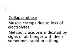 .
Collapse phase
Muscle cramps due to loss of
electrolytes
Metabolic acidosis indicated by
signs of air hunger with deep
sometimes rapid breathing.
 