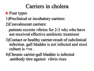 Carriers in cholera
Four types
1)Preclinical or incubatory carriers:
2)Convalescent carriers:
patients excrete vibrios for 2-3 wks who have
not received effective antibiotic treatment
3)Contact or healthy carrier-result of subclinical
infection. gall bladder is not infected and stool
culture is +ve .
4)Chronic carrier-gall bladder is infected
.antibody titre against vibrio rises
 