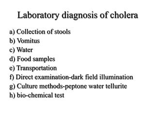 Laboratory diagnosis of cholera
a) Collection of stools
b) Vomitus
c) Water
d) Food samples
e) Transportation
f) Direct examination-dark field illumination
g) Culture methods-peptone water tellurite
h) bio-chemical test
 