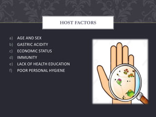 a) AGE AND SEX
b) GASTRIC ACIDITY
c) ECONOMIC STATUS
d) IMMUNITY
e) LACK OF HEALTH EDUCATION
f) POOR PERSONAL HYGIENE
HOST FACTORS
 