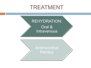 TREATMENT
REHYDRATION:
Oral &
Intravenous
Antimicrobial
therapy