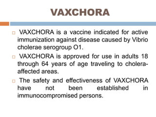 VAXCHORA
VAXCHORA is a vaccine indicated for active
immunization against disease caused by Vibrio
cholerae serogroup O1.
VAXCHORA is approved for use in adults 18
through 64 years of age traveling to cholera-
affected areas.
The safety and effectiveness of VAXCHORA
have not been established in
immunocompromised persons.