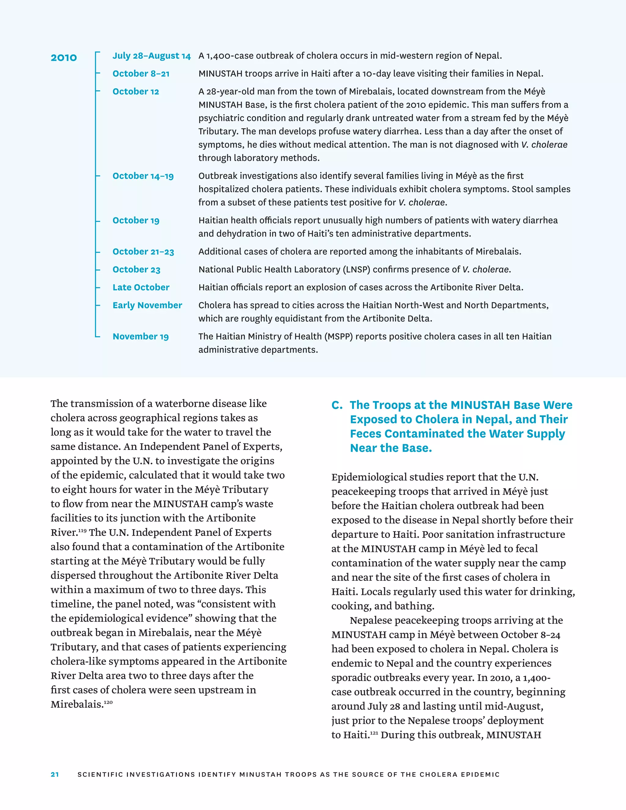 21
The transmission of a waterborne disease like
cholera across geographical regions takes as
long as it would take for the water to travel the
same distance. An Independent Panel of Experts,
appointed by the U.N. to investigate the origins
of the epidemic, calculated that it would take two
to eight hours for water in the Méyè Tributary
to flow from near the MINUSTAH camp’s waste
facilities to its junction with the Artibonite
River.119
The U.N. Independent Panel of Experts
also found that a contamination of the Artibonite
starting at the Méyè Tributary would be fully
dispersed throughout the Artibonite River Delta
within a maximum of two to three days. This
timeline, the panel noted, was “consistent with
the epidemiological evidence” showing that the
outbreak began in Mirebalais, near the Méyè
Tributary, and that cases of patients experiencing
cholera-like symptoms appeared in the Artibonite
River Delta area two to three days after the
first cases of cholera were seen upstream in
Mirebalais.120
C.	
The Troops at the MINUSTAH Base Were
Exposed to Cholera in Nepal, and Their
Feces Contaminated the Water Supply
Near the Base.
Epidemiological studies report that the U.N.
peacekeeping troops that arrived in Méyè just
before the Haitian cholera outbreak had been
exposed to the disease in Nepal shortly before their
departure to Haiti. Poor sanitation infrastructure
at the MINUSTAH camp in Méyè led to fecal
contamination of the water supply near the camp
and near the site of the first cases of cholera in
Haiti. Locals regularly used this water for drinking,
cooking, and bathing.
Nepalese peacekeeping troops arriving at the
MINUSTAH camp in Méyè between October 8–24
had been exposed to cholera in Nepal. Cholera is
endemic to Nepal and the country experiences
sporadic outbreaks every year. In 2010, a 1,400-
case outbreak occurred in the country, beginning
around July 28 and lasting until mid-August,
just prior to the Nepalese troops’ deployment
to Haiti.121
During this outbreak, MINUSTAH
July 28–August 14	 A 1,400-case outbreak of cholera occurs in mid-western region of Nepal.
October 8–21	 MINUSTAH troops arrive in Haiti after a 10-day leave visiting their families in Nepal.
October 12	
A 28-year-old man from the town of Mirebalais, located downstream from the Méyè
MINUSTAH Base, is the first cholera patient of the 2010 epidemic. This man suffers from a
psychiatric condition and regularly drank untreated water from a stream fed by the Méyè
Tributary. The man develops profuse watery diarrhea. Less than a day after the onset of
symptoms, he dies without medical attention. The man is not diagnosed with V. cholerae
through laboratory methods.
October 14–19	
Outbreak investigations also identify several families living in Méyè as the first
hospitalized cholera patients. These individuals exhibit cholera symptoms. Stool samples
from a subset of these patients test positive for V. cholerae.
October 19	
Haitian health officials report unusually high numbers of patients with watery diarrhea
and dehydration in two of Haiti’s ten administrative departments.
October 21–23	
Additional cases of cholera are reported among the inhabitants of Mirebalais.
October 23	 National Public Health Laboratory (LNSP) confirms presence of V. cholerae.
Late October	 Haitian officials report an explosion of cases across the Artibonite River Delta.
Early November	
Cholera has spread to cities across the Haitian North-West and North Departments,
which are roughly equidistant from the Artibonite Delta.
November 19	
The Haitian Ministry of Health (MSPP) reports positive cholera cases in all ten Haitian
administrative departments.
2010
scientific investigations identify minustah troops as the source of the cholera epidemic
 