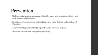 Prevention
• Multisectorial approach necessary (health, water and sanitation, fishery and
agriculture and education).
• Sanitation of water supply and making water safer (boiling and addition of
Chlorine).
• Appropriate hygiene for food preparation and personal hygiene.
• Sensitive surveillance and prompt reporting.
 