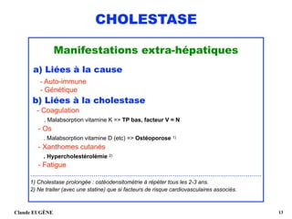 CHOLESTASE
Manifestations extra-hépatiques 
a) Liées à la cause
- Auto-immune 
- Génétique 
b) Liées à la cholestase
- Coagulation 
. Malabsorption vitamine K => TP bas, facteur V = N 
- Os 
. Malabsorption vitamine D (etc) => Ostéoporose 1)
- Xanthomes cutanés 
. Hypercholestérolémie 2) 
- Fatigue
..................................................................................................................... 
1) Cholestase prolongée : ostéodensitométrie à répéter tous les 2-3 ans.
2) Ne traiter (avec une statine) que si facteurs de risque cardiovasculaires associés.
Claude EUGÈNE !13
 