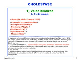CHOLESTASE
1) Voies biliaires
b) Petits canaux
- Cholangite biliaire primitive (CBP) 1)  
- Cholangite immuno-allergique 2) 
- Ductopénie idiopathique 
- Syndrome d'Alagille 3)
- Syndrome LPAC 4) 
- Syndrome PFIC3 4)
- Mucoviscidose 5)
..........................................................................................................................
1) Appelée avant cirrhose biliaire primitive. Anticorps anti-mitochondries de type M2 (+) dans > 90%
des cas (ou certains anticorps anti-nucléaires). Peut-être classée comme cholestase cholangiocytaire,
comme la cholangite sclérosante primitive (CSP) ou les obstructions mécaniques (calcul, cancer).
Décrite plus bas.
2) Souvent médicamenteuse : acide clavulinique-amoxycilline, sulfamides, macrolides, allopurinol. 
3) Dysplasie artério-hépatique. Atrésie des voies biliaires, faciès triangulaire, cardiopathie (sténose
artère pulmonaire...), anomalies vertébrales...
4) Voir plus bas.
5) Mutation du canal chlore CFTR => défaut de sécrétion du chlore par les cholangiocytes et donc
déficit en bicarbonates d'où diminution de l'effet "parapluie" des bicarbonates et altération des
cholangiocytes. 
Claude EUGÈNE !33
 