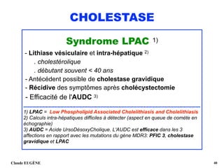 CHOLESTASE
Syndrome LPAC 1)
- Lithiase vésiculaire et intra-hépatique 2) 
. cholestérolique 
. débutant souvent < 40 ans 
- Antécédent possible de cholestase gravidique 
- Récidive des symptômes après cholécystectomie
- Efficacité de l'AUDC 3)
.......................................................................................................................
1) LPAC = Low Phospholipid Associated Cholelithiasis and Cholelithiasis 
2) Calculs intra-hépatiques difficiles à détecter (aspect en queue de comète en
échographie) 
3) AUDC = Acide UrsoDésoxyCholique. L'AUDC est efficace dans les 3
affections en rapport avec les mutations du gène MDR3: PFIC 3, cholestase
gravidique et LPAC
Claude EUGÈNE !40
 