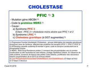 CHOLESTASE
PFIC 1) 3
- Mutation géne ABCB4 2)
- Code la protéine MDR3 3)
- Cause :
a) Syndrome PFIC 3
Enfant : PFIC 3 = cholestase moins sévère que PFIC 1 et 2 
b) Syndrome LPAC 4) 
c) Cholestase gravidique (à GGT augmentée) 5)
.......................................................................................................................
1) Progressive Familial Intrahepatic Cholestasis : groupe hétérogène de maladies génétiques
récessives rares de l'enfance, affectant des protéines de transport (PFIC 1, PFIC 2, PFIC 3).
2) ATPbinding cassette subfamily B member 4 gene, code le transport canaliculaire de la
phosphatidyl choline.
3) MDR3 : Multi Drug-Resistance protein 3; transport des phospholipides vers la lumière
canaliculaire où elle neutralise les sels biliaires, protège l'épithélium biliaire. En l'absence de
cette protéine, survenue de lésions des petites voies biliaires, prolifération des néocanaux
biliaires (augmentation de la GGT) et cirrhose biliaire.
4) Low Phospholipid Associated Cholelithiasis and Cholelithiasis (Cf diapo ad hoc) 
5) Cf diapo ci-dessous
Claude EUGÈNE !47
 