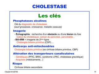 CHOLESTASE
Les clés
Phosphatases alcalines 
Clé du diagnostic de cholestase
(sauf grossesse, croissance, maladie osseuse)
Imagerie
- Échographie : recherche d'un obstacle ou d'une lésion du foie 
Calcul du cholédoque, cancer du pancréas, pancréatite... 
- Bili-IRM = imagerie de 2ème ligne 
Cholangite biliaire primitive (CSP) ...
Anticorps anti-mitochondries 
Cholangite biliaire primitive (ex cirrhose biliaire primitive, CBP)
Altération des transporteurs canaliculaires
- Génétiques (PFIC, BRIC, syndrome LPAC, cholestase gravidique) 
- Acquises (médicaments...)
Risque 
Cirrhose biliaire secondaire
Claude EUGÈNE !53
 