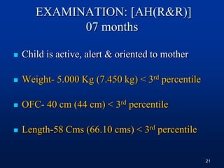 EXAMINATION: [AH(R&R)]
07 months
 Child is active, alert & oriented to mother
 Weight- 5.000 Kg (7.450 kg) < 3rd percentile
 OFC- 40 cm (44 cm) < 3rd percentile
 Length-58 Cms (66.10 cms) < 3rd percentile
21
 