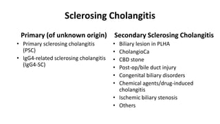Sclerosing Cholangitis
Primary (of unknown origin)
• Primary sclerosing cholangitis
(PSC)
• IgG4-related sclerosing cholangitis
(IgG4-SC)
Secondary Sclerosing Cholangitis
• Biliary lesion in PLHA
• CholangioCa
• CBD stone
• Post-op/bile duct injury
• Congenital biliary disorders
• Chemical agents/drug-induced
cholangitis
• Ischemic biliary stenosis
• Others
 