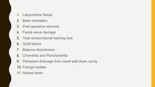 1. Labyrinthine fistula
2. Brain herniation
3. Post operative stenosis
4. Facial nerve damage
5. Total sensorineural hearing loss
6. Graft failure
7. Balance disturbance
8. Chondritis and Perichondritis
9. Persistant drainage from canal wall down cavity
10. Foreign bodies
11. Altered taste
 
