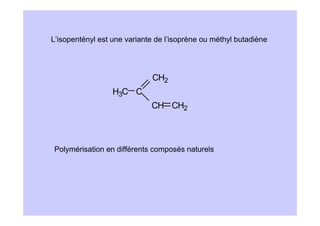 L’isopentényl est une variante de l’isoprène ou méthyl butadiène




                             CH2
                  H3C C
                             CH CH2



Polymérisation en différents composés naturels
 