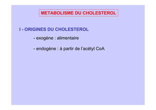 METABOLISME DU CHOLESTEROL


I - ORIGINES DU CHOLESTEROL
     - exogène : alimentaire

     - endogène : à partir de l’acétyl CoA
 