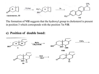The formation of VII suggests that the hydroxyl group in cholesterol is present
in position 3 which corresponds with the position 7in VII.
c) Position of double bond:
 
