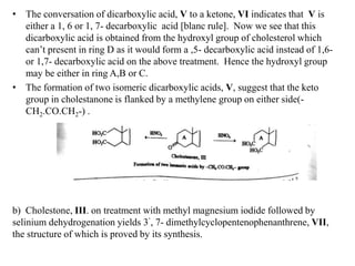 • The conversation of dicarboxylic acid, V to a ketone, VI indicates that V is
either a 1, 6 or 1, 7- decarboxylic acid [blanc rule]. Now we see that this
dicarboxylic acid is obtained from the hydroxyl group of cholesterol which
can’t present in ring D as it would form a ,5- decarboxylic acid instead of 1,6-
or 1,7- decarboxylic acid on the above treatment. Hence the hydroxyl group
may be either in ring A,B or C.
• The formation of two isomeric dicarboxylic acids, V, suggest that the keto
group in cholestanone is flanked by a methylene group on either side(-
CH2.CO.CH2-) .
b) Cholestone, III. on treatment with methyl magnesium iodide followed by
selinium dehydrogenation yields 3’, 7- dimethylcyclopentenophenanthrene, VII,
the structure of which is proved by its synthesis.
 