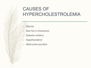 CAUSES OF
HYPERCHOLESTROLEMIA
– Obesity
– Diet rich in cholesterol
– Diabetes mellitus
– Hypothyroidism
– Obstructive jaundice
 