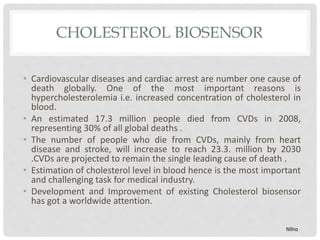 CHOLESTEROL BIOSENSOR
• Cardiovascular diseases and cardiac arrest are number one cause of
death globally. One of the most important reasons is
hypercholesterolemia i.e. increased concentration of cholesterol in
blood.
• An estimated 17.3 million people died from CVDs in 2008,
representing 30% of all global deaths .
• The number of people who die from CVDs, mainly from heart
disease and stroke, will increase to reach 23.3. million by 2030
.CVDs are projected to remain the single leading cause of death .
• Estimation of cholesterol level in blood hence is the most important
and challenging task for medical industry.
• Development and Improvement of existing Cholesterol biosensor
has got a worldwide attention.
Niha
 