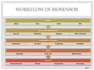 WORKFLOW OF BIOSENSOR
Transducer
Electrochemical Optical Piezoelectric pH Change
Matrix
Electrode Array chip Metal Surface
Immobilization of enzyme
Entrapment Covalent Crosslinking Adsorption
Bio receptor /Biomolecules
Enzymes Antibodies Reagent Other molecules
Analyte
Blood Urea Saliva Skin
Niha
 