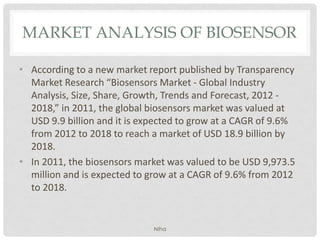 MARKET ANALYSIS OF BIOSENSOR
• According to a new market report published by Transparency
Market Research “Biosensors Market - Global Industry
Analysis, Size, Share, Growth, Trends and Forecast, 2012 -
2018,” in 2011, the global biosensors market was valued at
USD 9.9 billion and it is expected to grow at a CAGR of 9.6%
from 2012 to 2018 to reach a market of USD 18.9 billion by
2018.
• In 2011, the biosensors market was valued to be USD 9,973.5
million and is expected to grow at a CAGR of 9.6% from 2012
to 2018.
NIha
 