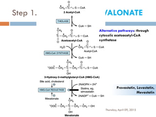 Step 1. Biosynthesis of MEVALONATE
Thursday, April 09, 2015
Provastatin, Lovastatin,
Mevastatin
Alternative pathways: through
cytosolic acetoacetyl-CoA
synthetase
 