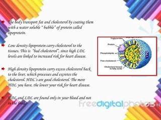 The body transport fat and cholesterol by coating them
with a water soluble “ bubble” of protein called
lipoprotein.
Low density lipoprotein carry cholesterol to the
tissues. This is “bad cholesterol”, since high LDL
levels are linked to increased risk for heart disease.
High density lipoprotein carry excess cholesterol back
to the liver, which processes and excretes the
cholesterol. HDL’s are good cholesterol. The more
HDL you have, the lower your risk for heart disease.
HDL and LDL are found only in your blood and not
in the food.
 
