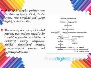 This highly complex pathway was
elucidated by Konrad Bloch, Feodar
Lynen, John Cornforth and George
Popjak in the late 1950s.
This pathway is a part of a branched
pathway that produces several other
essential isoprenoids in addition to
cholesterol, namely, ubiquinone,
dolichol, farnesylated proteins,
geranylgeranyated proteins and
isopentenyl adenosine.
 