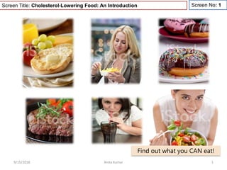 Screen Title: Cholesterol-Lowering Food: An Introduction Screen No: 1
9/15/2018 Anita Kumar 1
Find out what you CAN eat!
 
