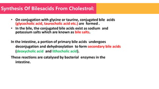 • On conjugation with glycine or taurine, conjugated bile acids
(glycocholic acid, taurocholic acid etc.) are formed .
• In the bile, the conjugated bile acids exist as sodium and
potassium salts which are known as bile salts.
In the intestine, a portion of primary bile acids undergoes
deconjugation and dehydroxylation to form secondary bile acids
(deoxycholic acid and lithocholic acid).
These reactions are catalysed by bacterial enzymes in the
intestine.
Synthesis Of Bilesacids From Cholestrol:
 